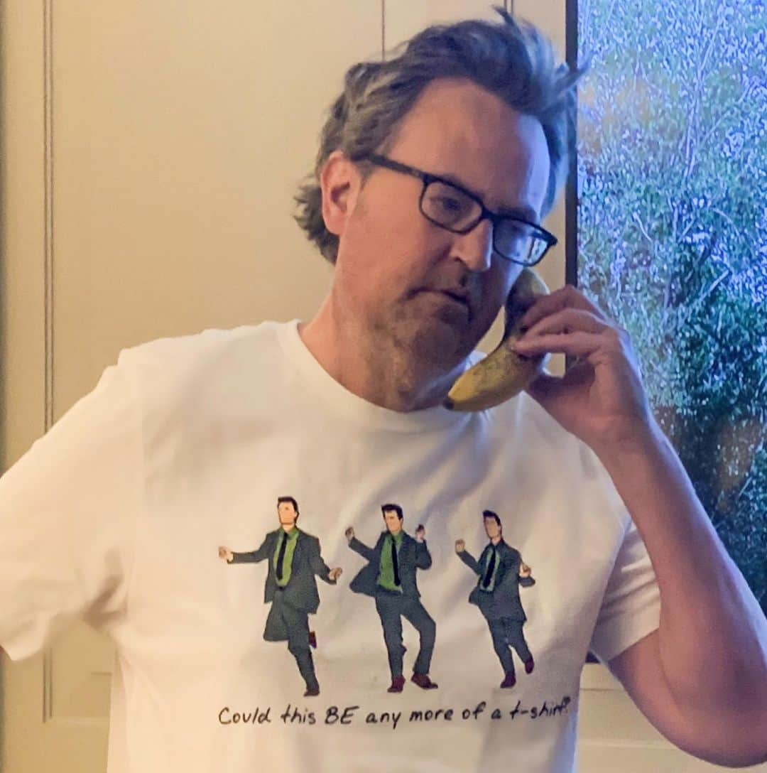 マシュー・ペリーのインスタグラム：「What is this, a limited edition t-shirt for charity? For two weeks only, I'm releasing an apparel collection! Proceeds will support the World Health Organization's COVID 19 relief efforts. Link in bio. Banana not included.」