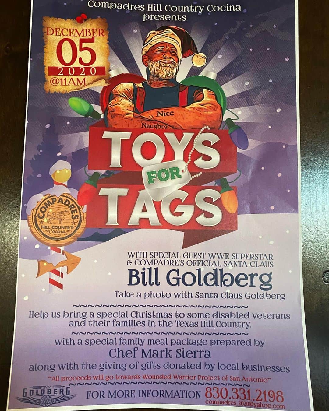 ビル・ゴールドバーグのインスタグラム：「Dusting off my #santassleigh gear !!!! @compadres_2020 let’s raise some $ for some #veterans 👏🙏 Please donate if you can. #spear #jackhammer #whosnext @goldbergsgarage @wwe @dodgeofficial #jewishclaus 🎅🏼 #santa #givingback #woundedwarriorproject #sanantonio #hillcountry」