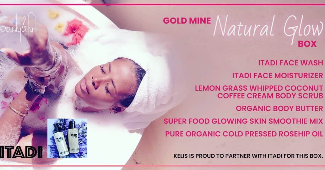 ケリスのインスタグラム：「GOLD MINE NATURAL GLOW BOX , on sale today at 10am pst . These are products I really use daily and I love them . For those of you who experienced my self care box you know how special those products were for your skin. These will just add to your arsenal of products to love on yourself with and bring out the best in your skin and daily routine . All ingredients are organic and sourced by me for me . The smoothie and the scrub have the highest quality Tibetan organic royal jelly , biotin, vitamin E, organic jojoba, sandal wood, organic Shea butter , organic raw coco butter, organic pure Aragan oil , organic tuberose , cold pressed organic lemon grass, organic lavender from my farm, organic red reishi mushroom , collagen , organic moringa , organic hibiscus , organic raw honey . It just feels so good to care for yourself this way . I'm all about self care as you know and I believe my skin and hair respond the way they do because of my consistent routine with products like these . I love you guys and I'm excited for you to dip yourselves in all this goodness ❤️bountyandfull.com it's a lifestyle #naturalglow #healthyskin #healthylifestyle #farmfresh #cheflife #goodlife #selfcare #wellness #goldmine #beauty #body #skinporn #strong」