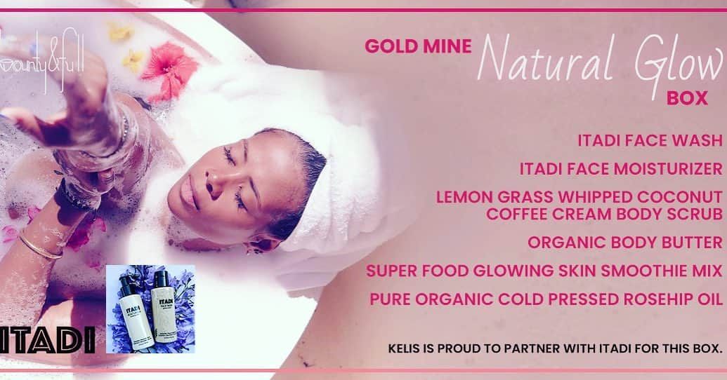 ケリスさんのインスタグラム写真 - (ケリスInstagram)「GOLD MINE NATURAL GLOW BOX , on sale today at 10am pst . These are products I really use daily and I love them . For those of you who experienced my self care box you know how special those products were for your skin. These will just add to your arsenal of products to love on yourself with and bring out the best in your skin and daily routine . All ingredients are organic and sourced by me for me . The smoothie and the scrub have the highest quality Tibetan organic royal jelly , biotin, vitamin E, organic jojoba, sandal wood, organic Shea butter , organic raw coco butter, organic pure Aragan oil , organic tuberose , cold pressed organic lemon grass, organic lavender from my farm, organic red reishi mushroom , collagen , organic moringa , organic hibiscus , organic raw honey . It just feels so good to care for yourself this way . I'm all about self care as you know and I believe my skin and hair respond the way they do because of my consistent routine with products like these . I love you guys and I'm excited for you to dip yourselves in all this goodness ❤️bountyandfull.com it's a lifestyle #naturalglow #healthyskin #healthylifestyle #farmfresh #cheflife #goodlife #selfcare #wellness #goldmine #beauty #body #skinporn #strong」12月5日 2時12分 - kelis