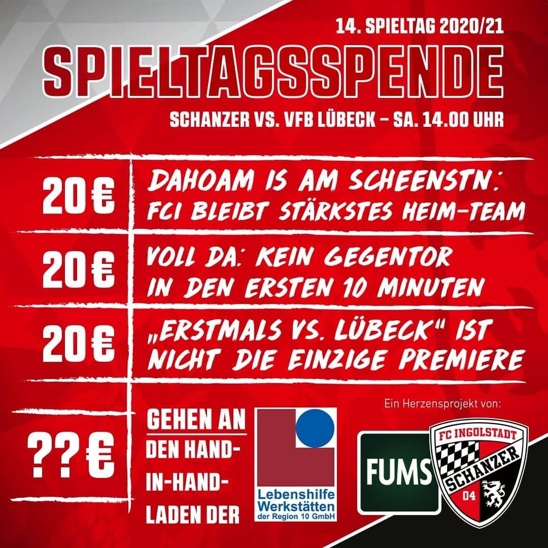 FCインゴルシュタット04さんのインスタグラム写真 - (FCインゴルシュタット04Instagram)「Welche weitere Premiere würdet ihr am liebsten sehen, #Schanzer⁉😉 Her mit euren kreativen Ideen 😁💡 Übrigens: Im Monat Dezember geht unsere #Spieltagsspende in Kooperation mit dem @fums_magazin an den Hand-in-Hand-Laden der Lebenshilfe Werkstätten der Region 10 🙂🤝⚫️🔴  __ Also: Drei Punkte! Für die beste Heimserie unserer Geschichte UND den guten Zweck ✊ . . #schanzerdassindwir #Schanzerfürimmer #Ingolstadt #FCI #FCIngolstadt #3Liga #zeigtsuns #fu3ball #soccer #fussball #football #futbol #immerweiter #zamhoidn #Team #Dahoam #Zusammenhalt #Heimspiel #einfachkriegstduwoanders #Lübeck #VfBLübeck #VfB #gemeinsam #allesfür3Punkte #UnsereSchanz #FCIVFB #Premiere #FUMS」12月5日 2時09分 - dieschanzer