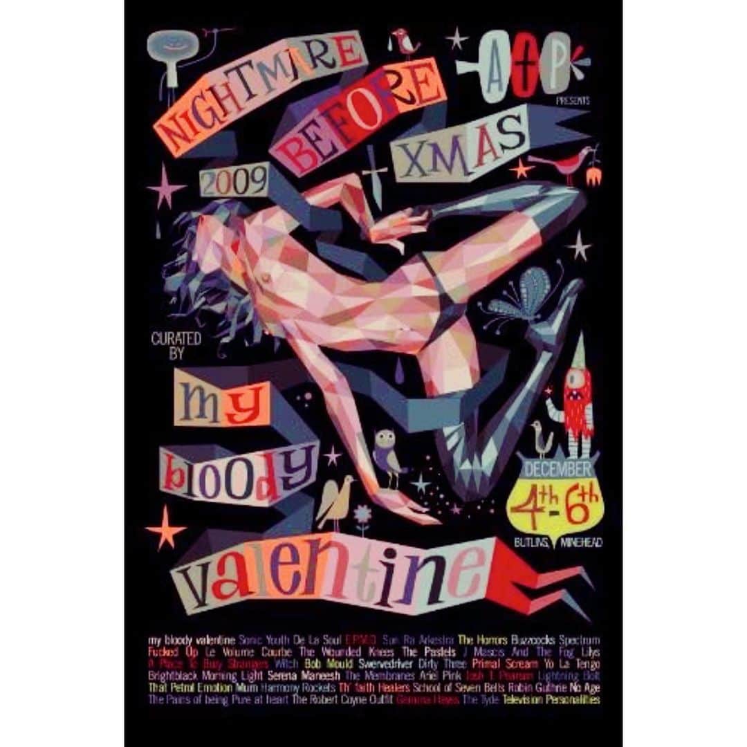 A Place to Bury Strangersのインスタグラム：「11 years ago today at Butlins in MInehead:  @theofficialmbv curated ATP’s the Nightmare Before Xmas.  Thanks for including us!  It was such an incredible festival and featured an all time great lineup of:  My Bloody Valentine @sonicyouth_official @wearedelasoul EPMD @sunraarkestraofficial @thehorrors Buzzcocks Spectrum @FuckedUp Le Volume Corbe The Wounded Knees @pastelsthe @JMascis & The Fog Lilys @aptbs Witch @BobMouldmusic @Swervedriverofficial Dirty Three @PrimalScreamofficial @therealylt Brightblack Morning Light @SereenaManeesh @TheMembranes @ArielxPink @JoshTPearsonofficial @lightningbolt1971 That Petrol Emotion Mum Harmony Rockets The Faith Healers @SchoolofSevenBells Robin Guthrie @NoAgela @ThePainsofBeingPureAtHeart The Robert Coyne Orbit Gemma Hayes The Type Television Personalities  Poster by the incredible @kiiarens  #nightmarebeforexmas #atp #minehead #uk #mybloodyvalentine #festival #aptbs #aplacetoburystrangers」