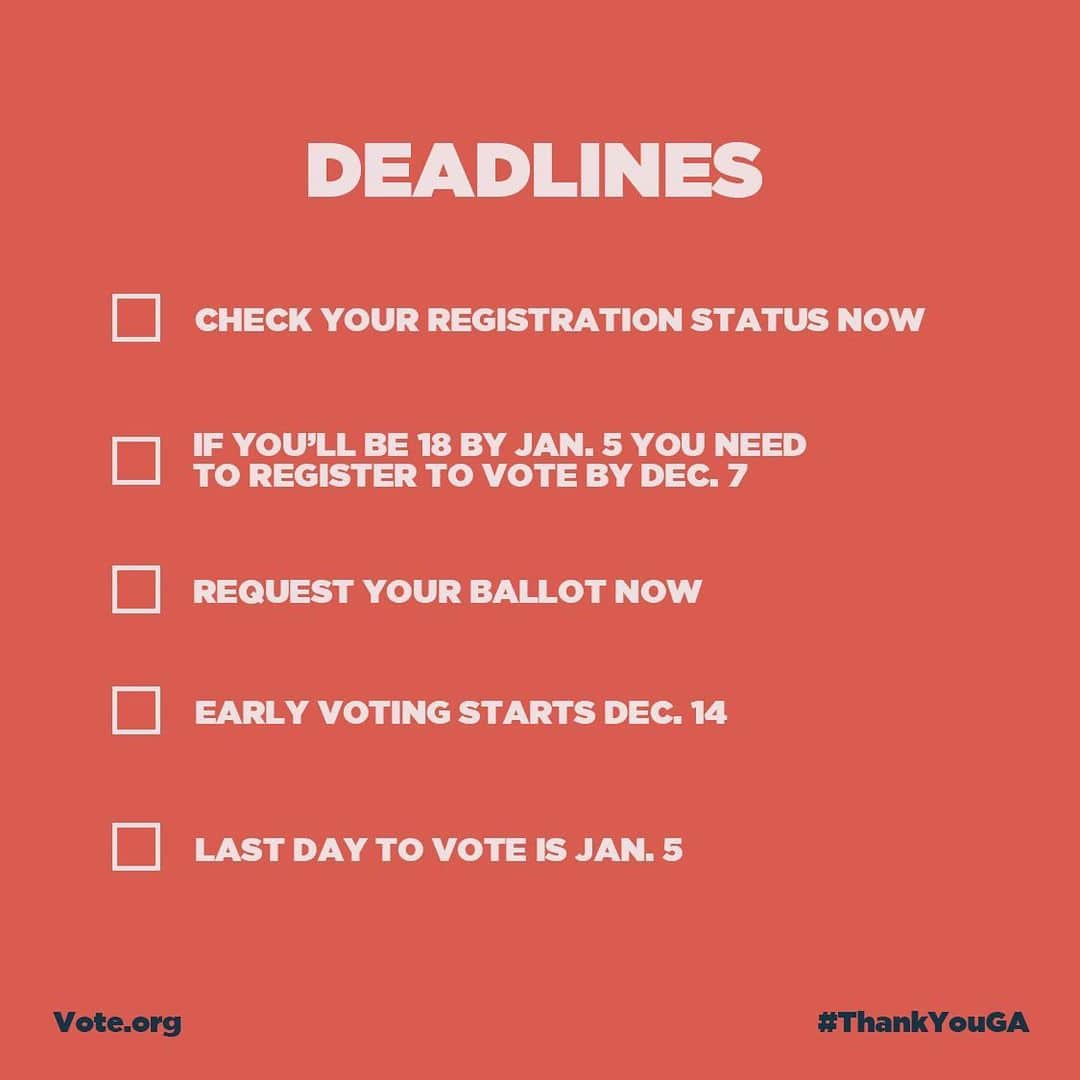 サラ・ポールソンさんのインスタグラム写真 - (サラ・ポールソンInstagram)「Here is how to make your voice heard:  Check your voter registration status. The deadline to register to vote is December 7. If you turn 18 before January 5, please register to vote!  Early voting begins December 14.  If you want to vote by mail, request your absentee ballot ASAP.   Go to vote.org for info on registration, voting early, and voting by mail!  Your vote is your power! Thank you for showing up for our democracy!  #ThankYouGA   #WinWithBlackWomen」12月5日 3時37分 - mssarahcatharinepaulson