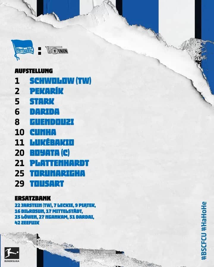 ヘルタ・ベルリンのインスタグラム：「UNSERE DERBYELF! 🔵⚪️ . . #BSCFCU #HaHoHe #herthabsc」