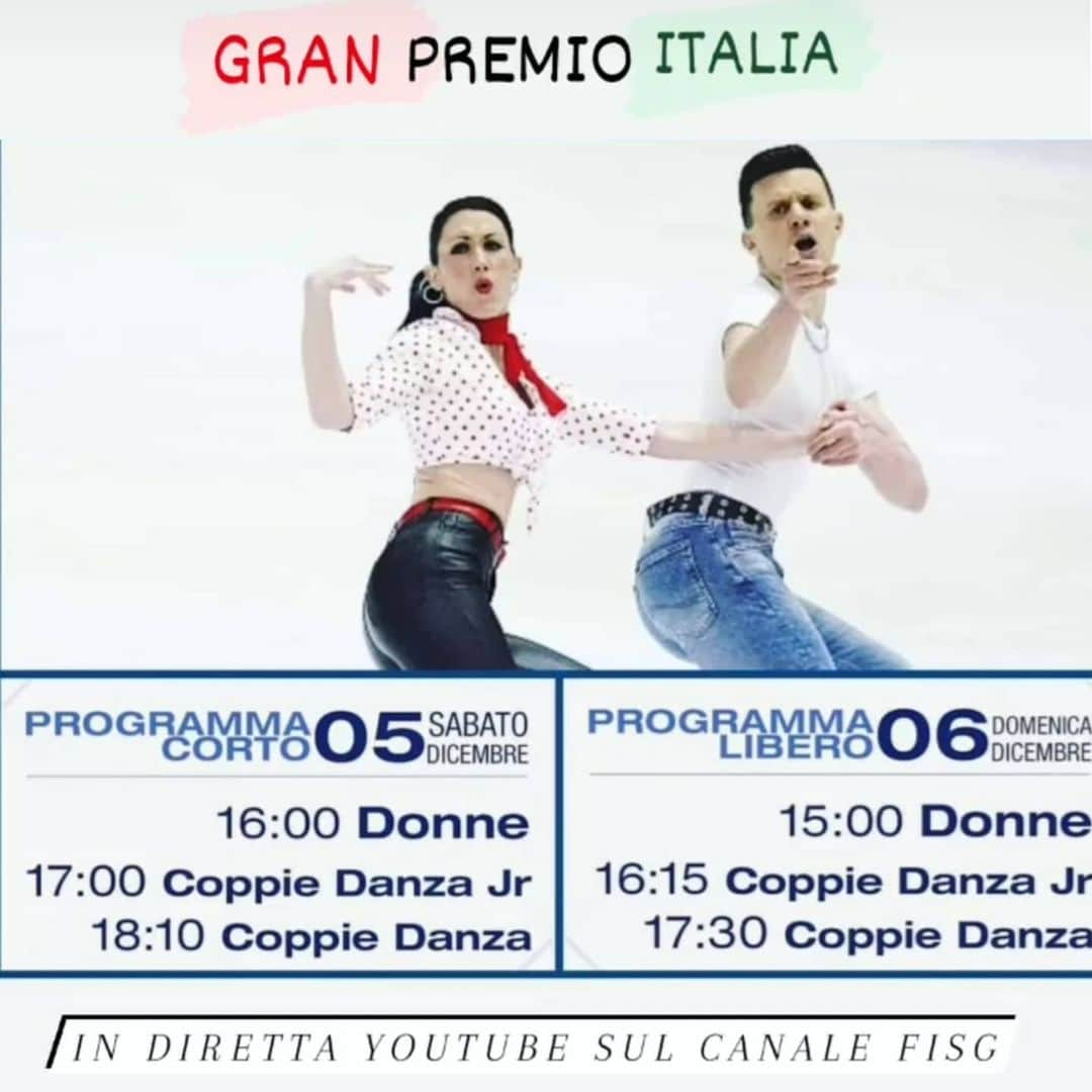 シャルレーヌ・ギニャールのインスタグラム：「Seguiteci in diretta YouTube sul canale FISG per il Gran Premio Italia 💪😁  #fisg4passion #fiammeazzurre #granpremioitalia #trento #icedance #guignardfabbri #coni #conisocial #italiateam🇮🇹」