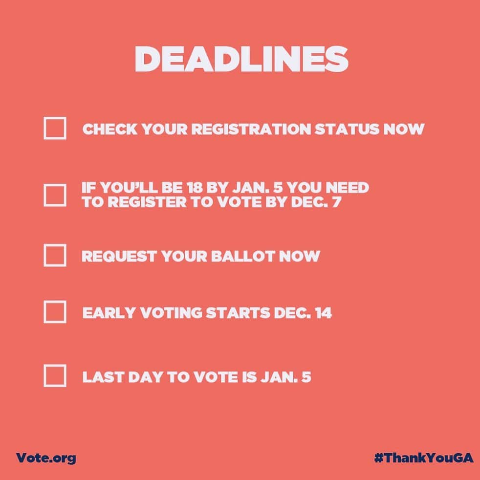 ジェニファー・ビールスさんのインスタグラム写真 - (ジェニファー・ビールスInstagram)「Georgia! Thank you so much for all that you are doing. You are SO close to the finish line! And we are here to cheer you on. Here are some important key dates and helpful details!   Check your voter registration status. The deadline to register to vote is December 7. If you turn 18 before January 5, also register to vote. Early voting begins December 14.  If you want to vote by mail, request your absentee ballot ASAP.  Your vote is your power!   #ThankYouGA #WinWithBlackWomen」12月5日 4時29分 - thejenniferbeals