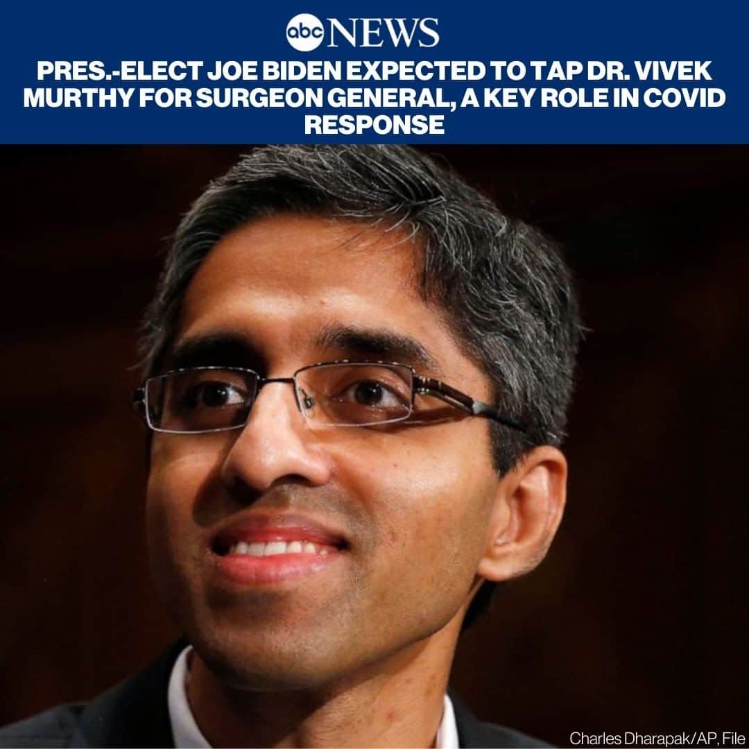 ABC Newsさんのインスタグラム写真 - (ABC NewsInstagram)「Pres.-elect Joe Biden is expected to nominate Dr. Vivek Murthy to serve as surgeon general—reprising his position held during the Obama administration—a key role in the government's coronavirus response, multiple sources told ABC News. READ MORE AT LINK IN BIO.」12月5日 7時01分 - abcnews