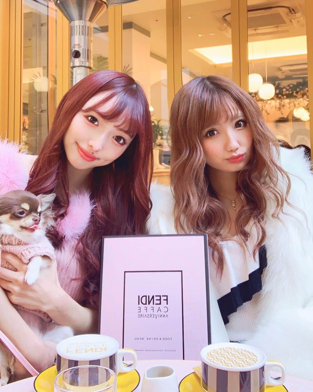 まゆぴちゅーさんのインスタグラム写真 - (まゆぴちゅーInstagram)「𝙵𝙴𝙽𝙳𝙸 𝙲𝙰𝙵𝙴...💛💛﻿ ﻿ 11月28日にオープンしたばかりの﻿ 今東京で注目度No. 1!!!﻿ 日本初上陸の期間限定FENDIコラボカフェ🍰♡﻿ ﻿ 平日だったけど、オープン11時なのに﻿ 私が着いた11:30頃にはもう10組ぐらい？﻿ は並んでたかな(  ˊ࿁ˋ ) ᐝ人気。。。🤔﻿ ﻿ 20分くらい？で﻿ テラス席に座れたよ\( ˆoˆ )/💓﻿ ※14:30頃はもっと並んでた😱😱！﻿ ﻿ もうなんともこの入り口のFENDIの﻿ ショッパーでできたクリスマスツリー🎄﻿ が可愛すぎる🥲🥲💗💛💗💛！！！﻿ ﻿ ﻿ ケーキとかも可愛いが詰まってるし、﻿ FENDIのロゴの形したパスタは味も最高♡﻿ ﻿ そしてラテアート可愛すぎん！？🥺💓﻿ ﻿ ラテアートは、﻿ 5種類の中からランダムで出してくれるんだけど、﻿ どれもかぁぁぁわいい♡！映える☕︎♡笑﻿ ﻿ ﻿ ドリンク2杯とケーキとパスタシェアして﻿ 2人で¥5500だったよ( ⸝⸝•ᴗ•⸝⸝ )੭⁾⁾⭐️﻿ ﻿ 可愛いりのたん @rino_xoxo_lamy  と愛犬ラミちゃんといったの🐶💓﻿ (※テラス席はペット可🙆‍♀️)﻿ ﻿ ﻿ 店内の席も可愛過ぎたから終わる前に﻿ もう一回行って店内狙ってティラミス食べたいな…﻿ ﻿ 27日までなんだよね誰か行かない？（笑）♡﻿ ﻿ ﻿ ﻿ ﻿ アウターももこもこ可愛いでしょ？❄️💓﻿ ﻿ @teftef.shop さんのなの🙈﻿ ﻿ クーポンコード 『UA37YSEC』で10%オフで買えちゃうの💋﻿ ﻿ ﻿ ﻿ ================================﻿ 【𝙵𝙴𝙽𝙳𝙸 𝙲𝙰𝙵𝙴 𝚋𝚢 𝙰𝙽𝙽𝙸𝚅𝙴𝚁𝚂𝙰𝙸𝚁𝙴】﻿ 🏛11月28日〜12月27日﻿ 📍表参道A2出口からすぐ﻿ ⏰11:00〜20:00(予約はディナーTimeのみ🙆‍♀️)﻿ ================================﻿ ﻿ ﻿ ﻿ ﻿ #fendiカフェ #アニヴェルセルカフェ  #fendi #アニヴェルセル #フェンディカフェ #anniversairecafe #表参道カフェ #表参道 #fendicafe #fendicafetokyo #東京カフェ #表参道スイーツ #都内カフェ #表参道グルメ  #表参道カフェ巡り #カフェ巡り #カフェ活 #東京グルメ #東京カフェ巡り #スイーツ巡り  #テラス席 #テラス席ワンコok  #冬コーデ #冬服コーデ #もこもこアウター  #デートコーデ #ニーハイブーツ #ニーハイブーツコーデ #女の子コーデ #ビジョビ」12月5日 12時38分 - mayu_03pichu