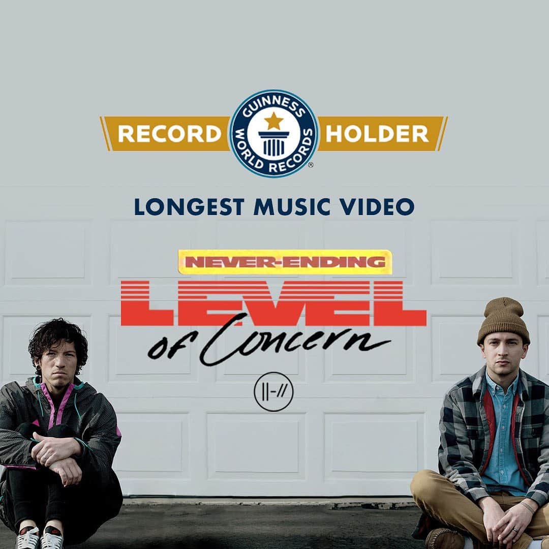 トゥエンティ・ワン・パイロッツのインスタグラム：「since josh accidentally pulled the plug on the never-ending video for Level of Concern, Guinness checked out the stats and declared it officially the longest video ever. congratulations, you did it.」
