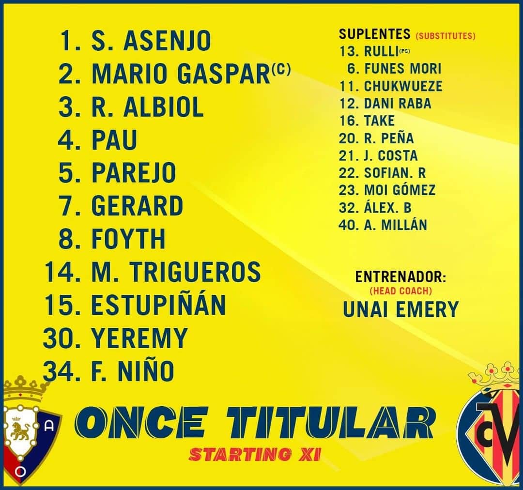 のインスタグラム：「¡Y esto son los once groguets que se medirán al conjunto pamplonica en el @caosasuna 🆚 #Villarreal (18.30h, El Sadar)! . And these are the starting eleven groguets that will take on the side from Pamplona in the @caosasuna 🆚 #Villarreal matchup! (6:30pm, El Sadar) . #futbol #football #soccer #LaLiga」