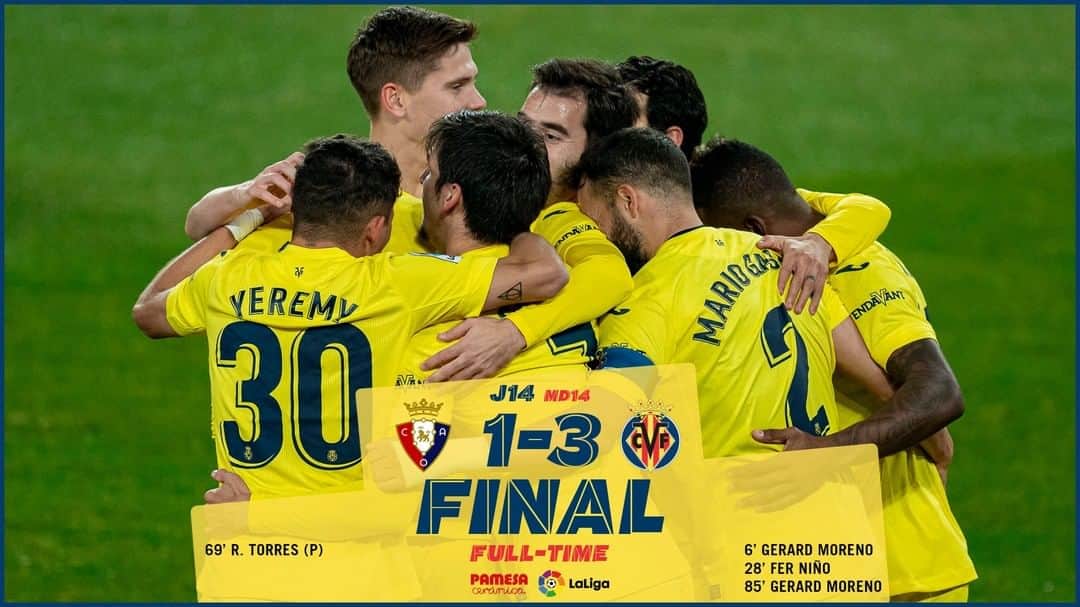 のインスタグラム：「¡FINAL EN PAMPLONA! ¡EL SUBMARINO, LIDERADO POR UN IMPERIAL @gerard_moreno, VUELVE A SUMAR ➕3️⃣ CON UN TRIUNFO IMPORTANTÍSIMO EN EL SADAR!  . ¡¡¡VAAAAAAAAAAMOOOOOOOS 💪💪💪!!! . FULL-TIME IN PAMPLONA! THE SUBMARINE, LED BY AN OUTSTANDING @gerard_moreno, PICK UP ➕3️⃣ POINTS IN A HUGELY IMPORTANT WIN AT EL SADAR! GET IN THERE!!! 💪💪💪 . #villarreal #futbol #football #soccer #laliga」