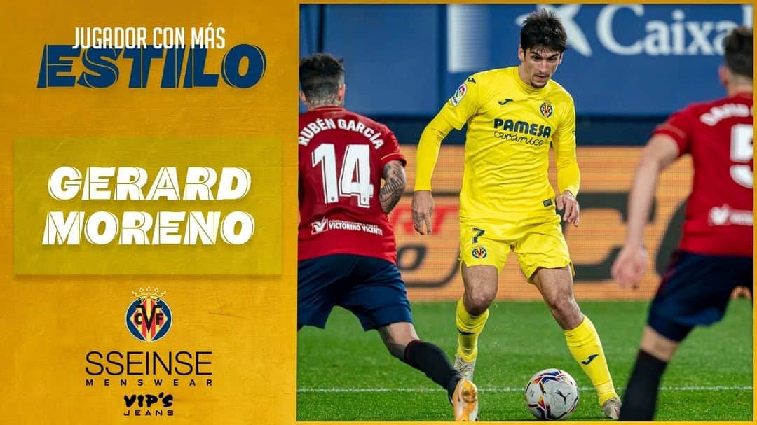 ビジャレアルCFのインスタグラム：「Y el Jugador Con Más Estilo en El Sadar para @vips_jeans & @sseinse es... . ¡¡@gerard_moreno, autor de dos de los tres tantos del Submarino ⚽️⚽️!! . The @vips_jeans and @sseinse Most Stylish Player at El Sadar is... . @gerard_moreno, scorer of two of the Submarine’s three goals ⚽️⚽️!! . #villarreal #futbol #football #soccer #laliga」