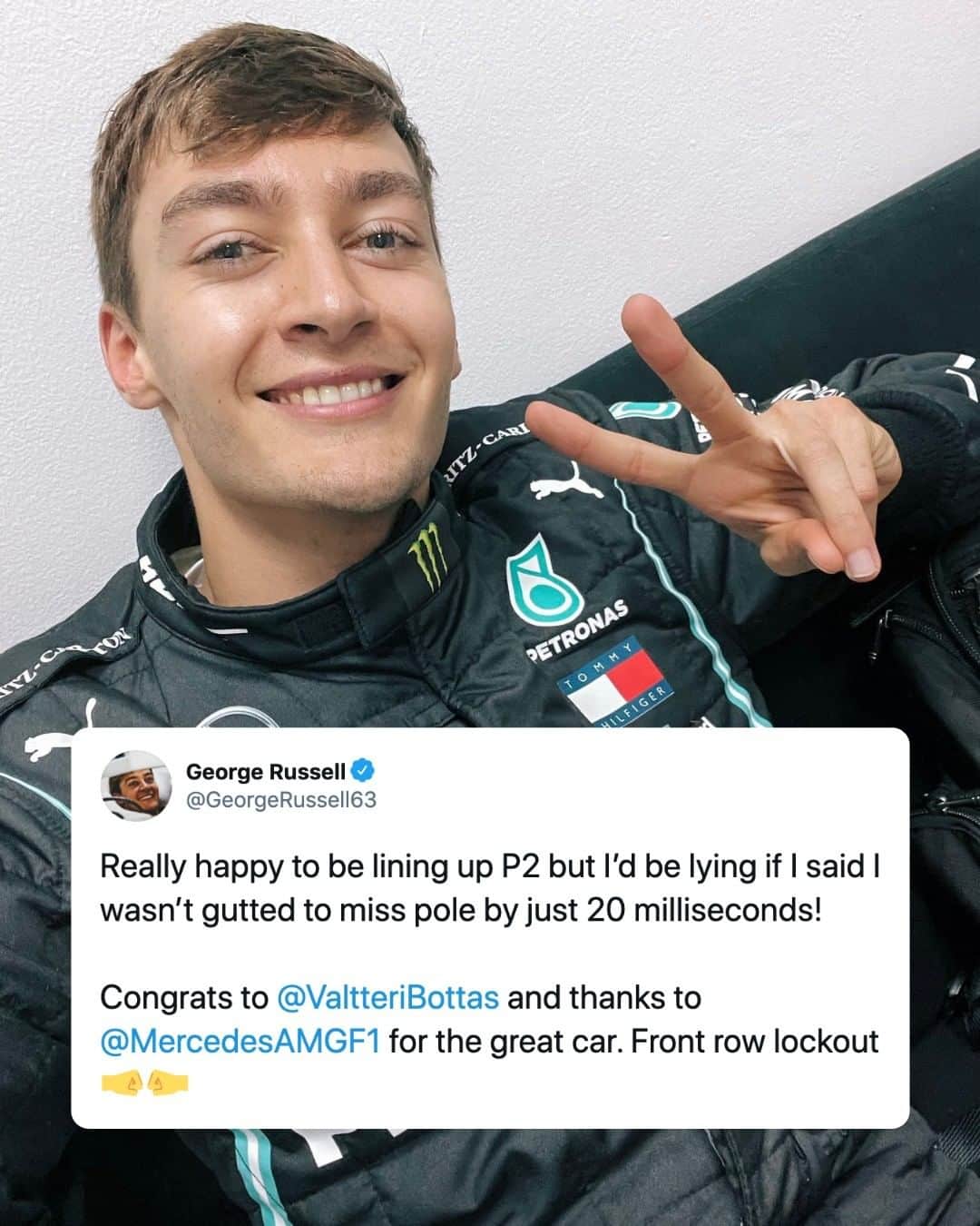 F1さんのインスタグラム写真 - (F1Instagram)「P✌️ for George! 😁  How impressed were you with his drive on Saturday?! All 👀 will be on the run down to Turn 1 after lights out...  #F1 #Formula1 #Motorsports @georgerussell63 @mercedesamgf1 #SakhirGP」12月6日 4時25分 - f1