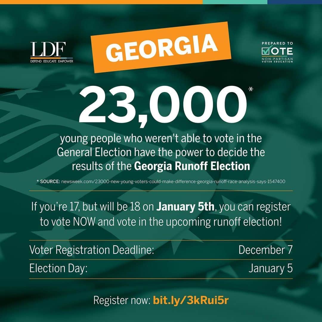 タラジ・P・ヘンソンさんのインスタグラム写真 - (タラジ・P・ヘンソンInstagram)「GEORGIA RESIDENTS 🍑! If you’re 17 years old but will be 18 by January 5th, you CAN vote in the upcoming Senate runoff elections!! Young people will decide the makeup of the Senate, so register to vote by Monday, December 7th! LINK IN BIO. @NAACP_LDF #PreparedToVote」12月6日 4時27分 - tarajiphenson