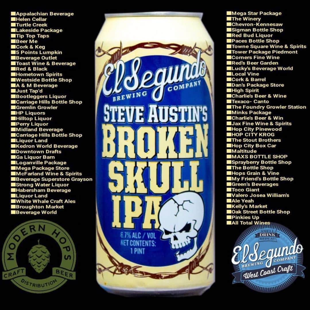 ストーン・コールド・スティーブ・オースチンのインスタグラム：「Georgia locations to find the Best IPA in America. @esbcbrews  Broken Skull IPA. Cheers!! @modern_hops  #beer #craftbeer #ipa #usa #america #georgia #cheers  #brokenskullipa #esbcbrews」