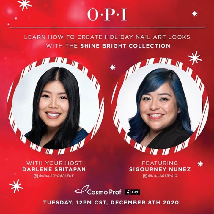 CosmoProf Beautyさんのインスタグラム写真 - (CosmoProf BeautyInstagram)「Are you ready to create the perfect, holiday mani?💅 ⁣ ⁣⁣⁣ Join us Tuesday, December 8th at 12 PM CST, for a Facebook Live event with Darlene Sritapan and Sigourney Nunez. They will be demonstrating how to create a holiday nail art look with the OPI Shine Bright Collection.⁣  There will also be a GIVEAWAY during the Facebook Live! 5 lucky winners will each win one Swarovski crystal cap + one full set of Shine Bright Gel Color collection!   To enter:  •	Like the live •	Comment below with a diamond emoji 💎 •	Follow @opi_professionals & @cosmoprofbeauty on Instagram   3 winners will be announced by OPI and 2 winners will be announced by Cosmo Prof, so keep an eye on both Facebook pages!   #cosmoprofbeauty #licensedtocreate #opi #holidaynails #winternails #FacebookLive」12月6日 6時00分 - cosmoprofbeauty