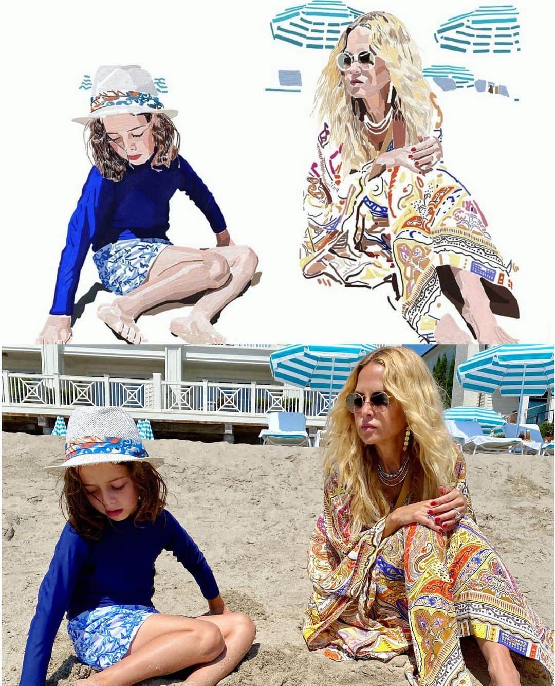 レイチェル・ゾーのインスタグラム：「Always so in awe of the talent of #artistsoninstagram ..thank you for recreating my #birthday beach conversation with my baby boy #kaius 🙏🏻❤️😂 XoRZ」