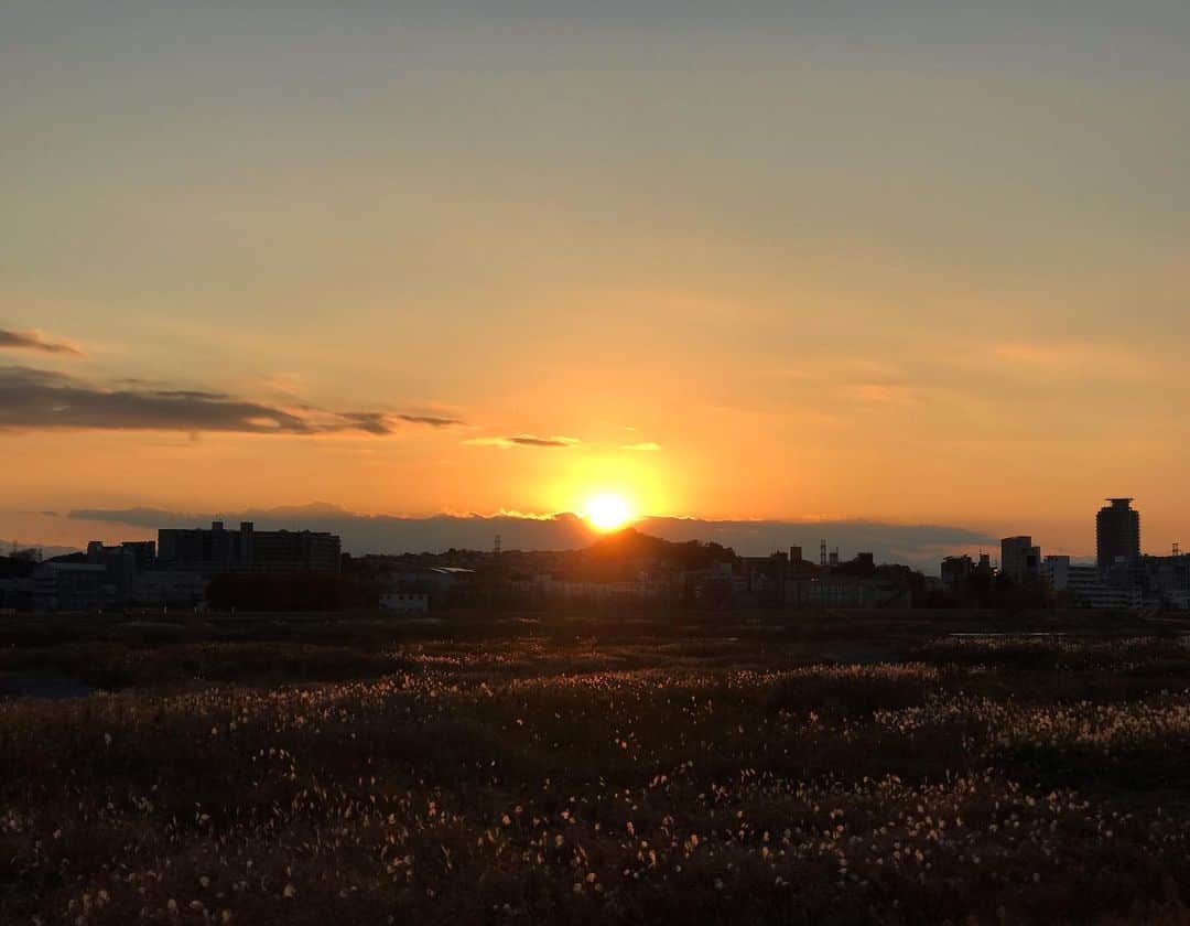 アヤメのインスタグラム：「Sun setting at 16.30☀️ #tamariver #cyclingroad たまたま多摩🚴🏻‍♀️ #多摩川サイクリングロード #聖蹟桜ヶ丘」