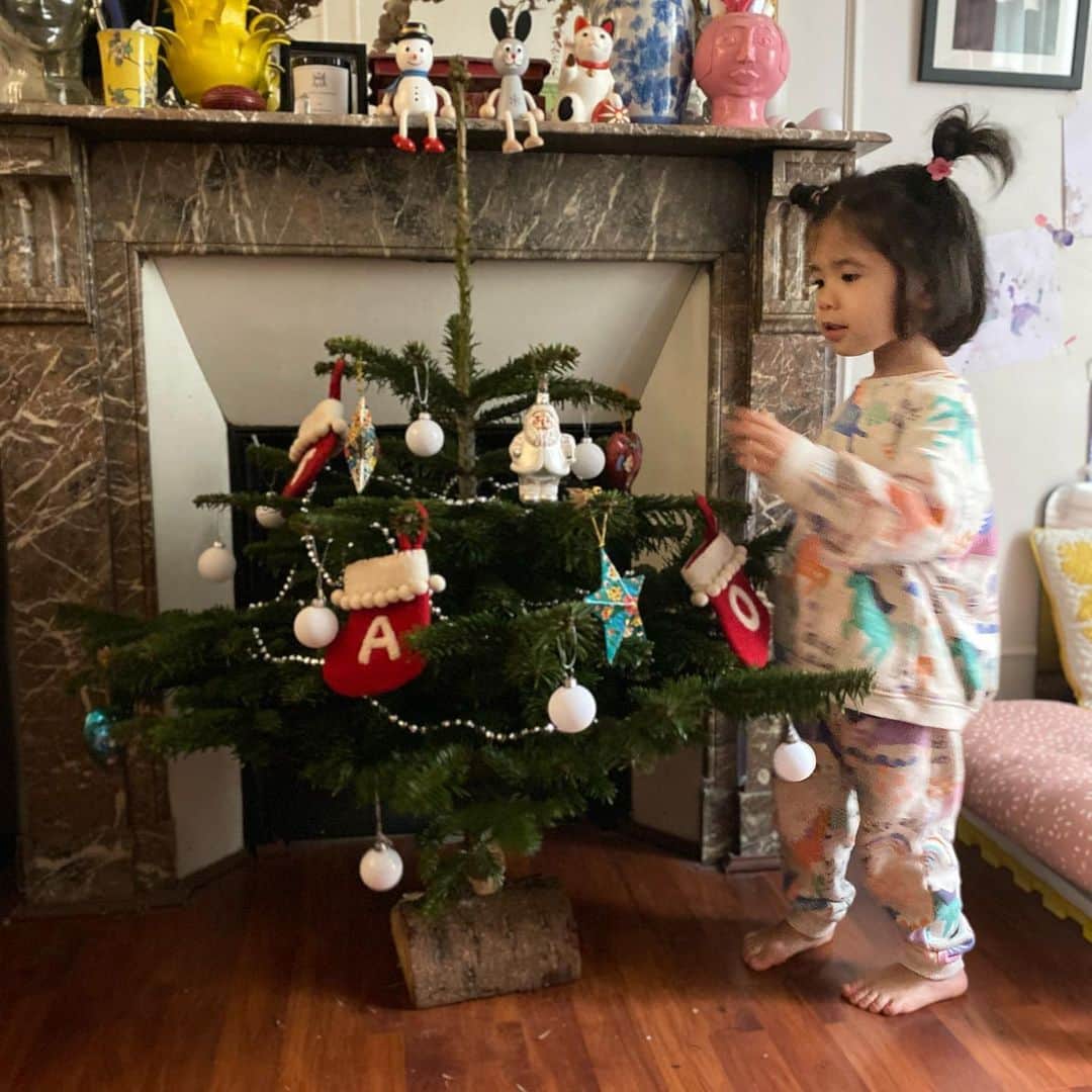 のインスタグラム：「モミの木を頼んだら、かなり小さいのがきた。 モミの木の購入に慣れて無さすぎたオット。 まぁ、娘が喜んでいるからいいとしよう。 #sapin #noël #クリスマスツリー」