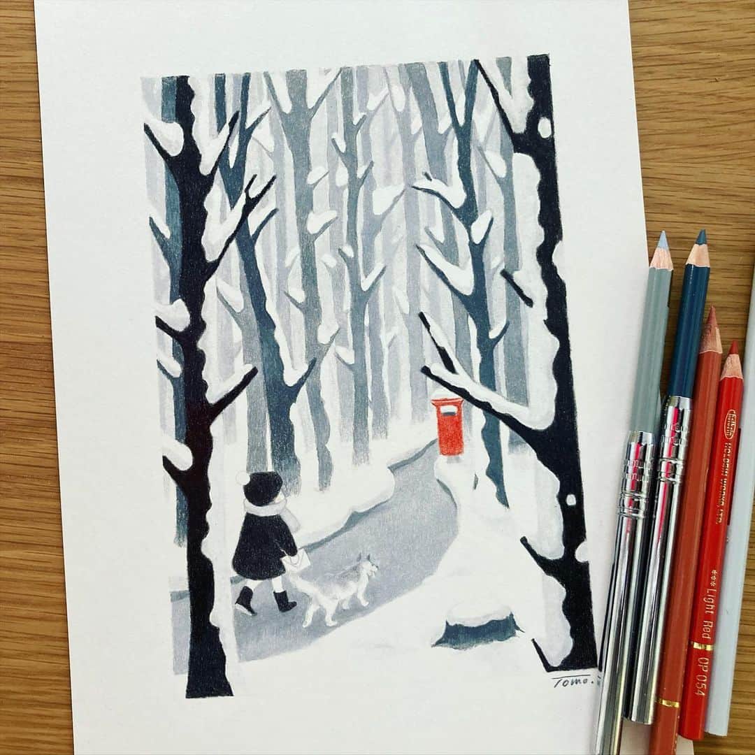 Tomoko Shintaniのインスタグラム：「「森のポスト」 . てくてく。 . “Letters” tokomo by Tomoko Shintani Drawing Exhibition  日時：11月28日（土）〜12月8日（火） 13:00-19:00　※最終日は17:00まで ★水・木曜日は休廊日です⚠️  場所：hygge -arts&crafts gallery http://www.hygge.cc/ 中目黒駅より徒歩6分  ※コロナ感染対策ご協力のお願い😷 ・入場の際はマスクの着用を必ずお願いします・体調が優れない方のご来場はお控えください・3密回避のため入場制限をする場合があります —— #letters #tokomo #ヒュッゲギャラリー #hygge #colourpencil #karismacolorpencils #holbeinartistscoloredpencil #延長ホルダー」