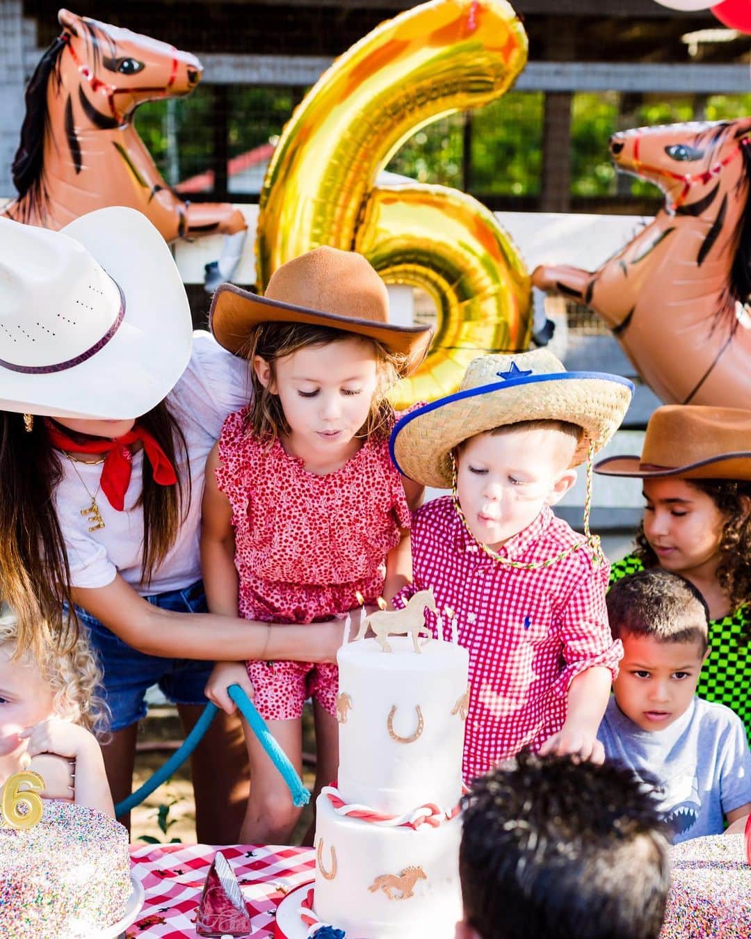 Elizabeth Chambers Hammerのインスタグラム：「✨S I X ✨ Pony rides, farm animals, apple bobbing, pie tossing, chicken feeding, two-stepping and the most delicious cowboy bbq in honor of our extraordinary Hops. It was a fulll bday week, but wouldn’t have it any other way. A mill more photos to come, bc @lisareid_photography fully captured the magic per usual. Happy Birthday, Hopsey! 🐴🎂🎈」