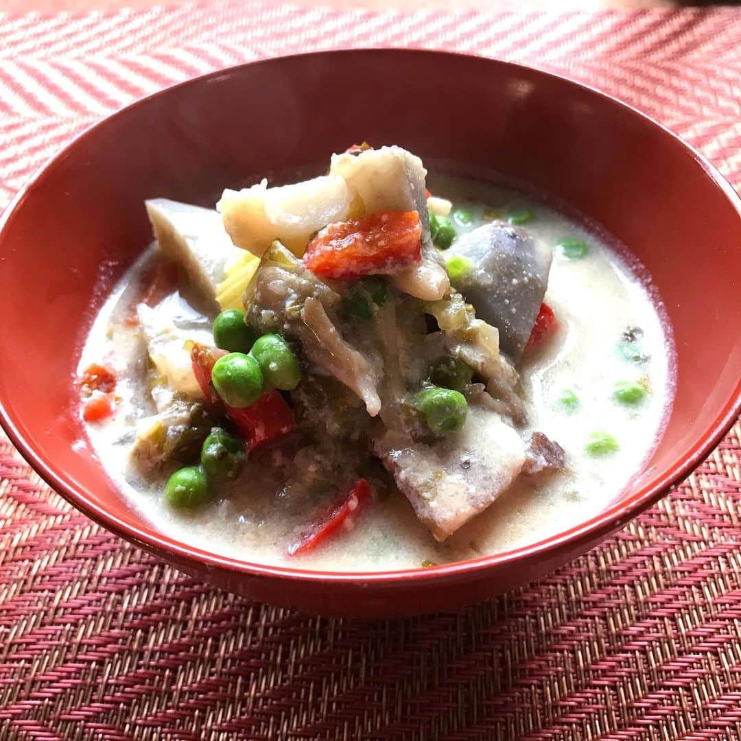 のインスタグラム：「本日のランチ  昨日の野菜たっぷりスープに豆乳とお味噌とグリーンピースを加えてアレンジレシピ❣️  全く違うテイストでまたこれも美味しい🥰❤️ 温まる🔥🔥 お試しあれ❣️  #おうちごはん #アレンジレシピ #無農薬野菜」