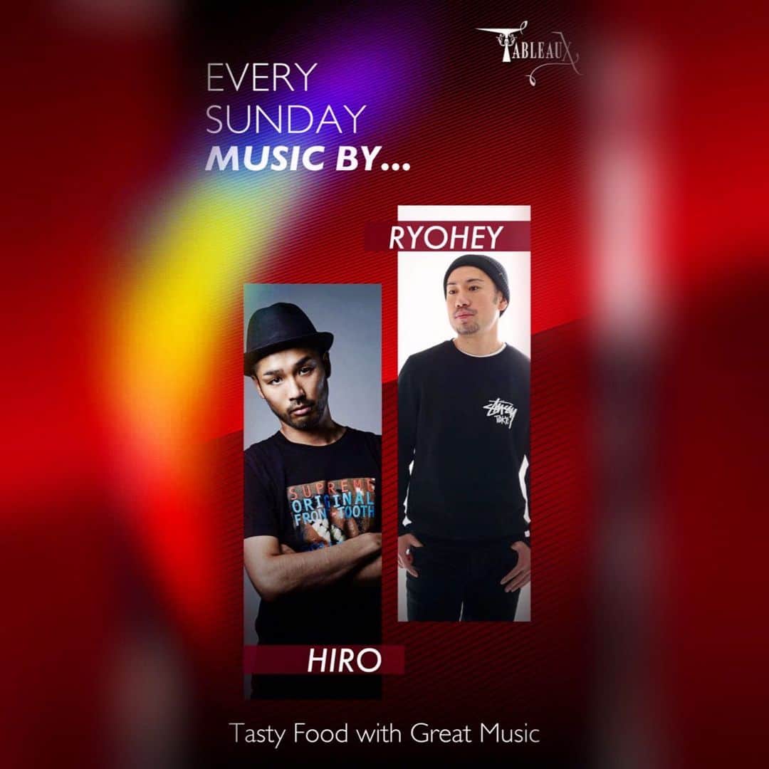 のインスタグラム：「本日の DJさんは…  ーーーーーーーーーーーーーーーーーーーー  " DJ HIRO " & "DJ RYOHEY "  ーーーーーーーーーーーーーーーーーーーー  このお二人が、 毎週日曜日にタブローズで音楽を奏でて頂きます！ それぞれのDJさんによって、 曲のジャンルが違うので、何が流れるか毎日がワクワクです！  皆様も是非1度お越しください✨」