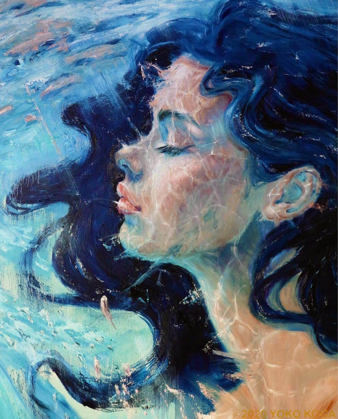 古賀陽子さんのインスタグラム写真 - (古賀陽子Instagram)「“ Melting into Water.” 2020, oil on canvas, 1620x1300mm "水に溶けて” F100号 ・ 光を受け、水中の心地よさを全身で感じています。  実際に滝壺に飛び込んだり、水と戯れた時の感動を作品に込めました😂🌊✨  ———————————————————————  #アート #アーティスト #アートワーク  #アートコレクター #画家 #美術館 #作品 #絵画展 #アートのある暮らし #絵のある暮らし #アート好きな人と繋がりたい #ギャラリー #油絵 #人物画 #美人画 #神戸 #color #beautiful #nymph #exhibit #artistsoninstagram #oiloncanvas #art #artwork #gallery #artist #painting #exhibition #古賀陽子 #yokokoga」12月7日 3時54分 - y.koga7