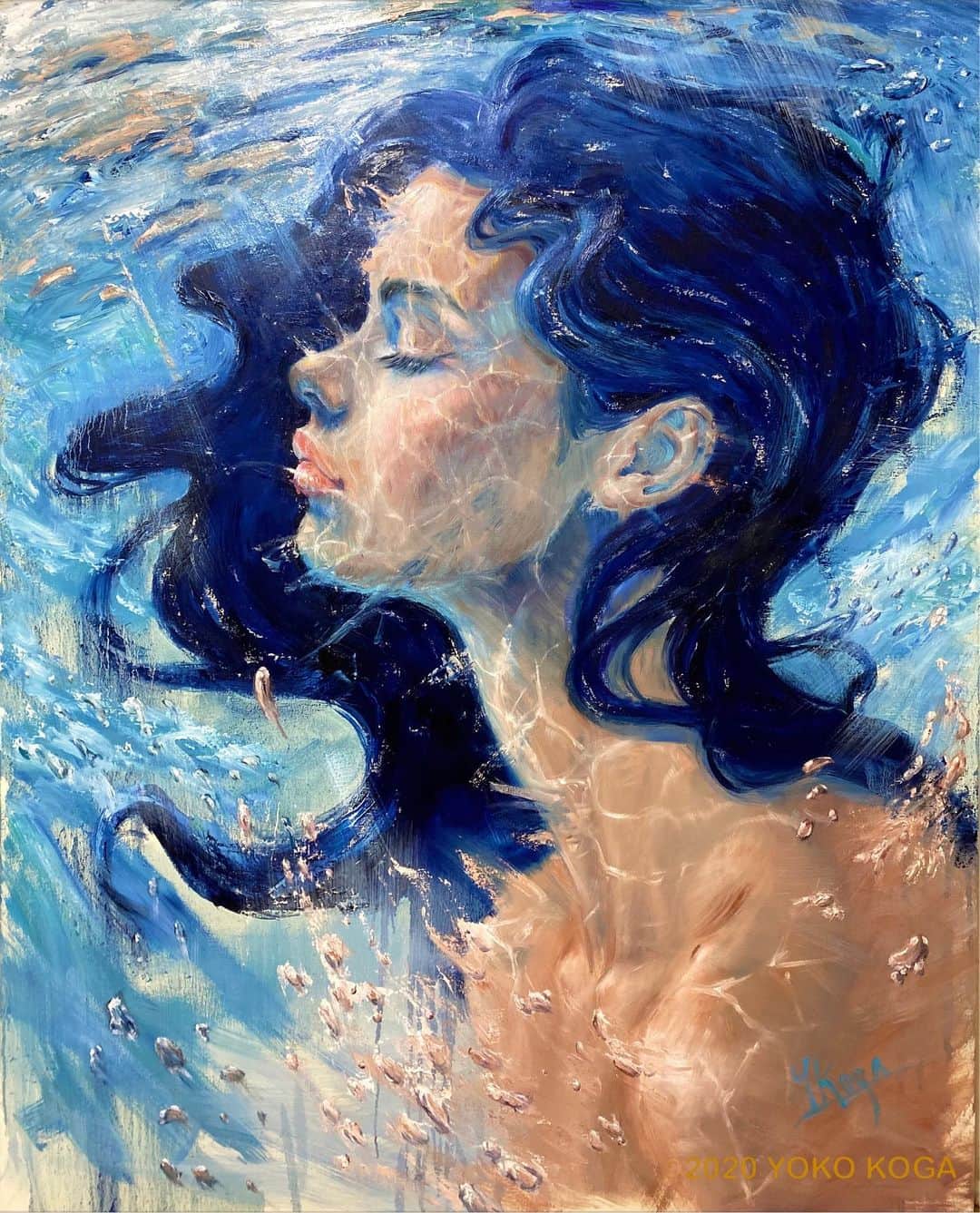 古賀陽子のインスタグラム：「“ Melting into Water.” 2020, oil on canvas, 1620x1300mm "水に溶けて” F100号 ・ 光を受け、水中の心地よさを全身で感じています。  実際に滝壺に飛び込んだり、水と戯れた時の感動を作品に込めました😂🌊✨  ———————————————————————  #アート #アーティスト #アートワーク  #アートコレクター #画家 #美術館 #作品 #絵画展 #アートのある暮らし #絵のある暮らし #アート好きな人と繋がりたい #ギャラリー #油絵 #人物画 #美人画 #神戸 #color #beautiful #nymph #exhibit #artistsoninstagram #oiloncanvas #art #artwork #gallery #artist #painting #exhibition #古賀陽子 #yokokoga」