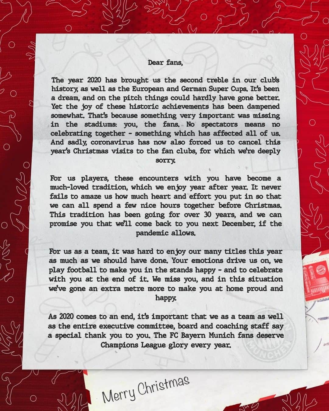 バイエルン・ミュンヘンさんのインスタグラム写真 - (バイエルン・ミュンヘンInstagram)「✉ A letter from #FCBayern! 🔴⚪  Unfortunately, the Christmas visits cannot take place this year. However, the team is still thinking of YOU! ❤️ #MiaSanMia」12月6日 20時15分 - fcbayern