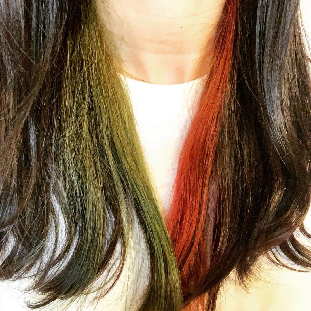 浜口順子さんのインスタグラム写真 - (浜口順子Instagram)「12月なのでヘアカラーを クリスマス🎄バージョンに。 インナーカラーを セルフカラーしました💚❤️ わかるかなぁ🧐 緑と赤❗️ お風呂でカラートリートメントを 手で塗り、シャワーキャップかぶってしばらく放置。それだけ。簡単✨ 放置時間で色の入り方が変わります。 それも楽しいし研究っ。 緑はオリーブっぽくて黒髪に馴染む、 良い色だなぁ、と。 クリスマス関係なくまたやろうっと。 インナーカラー楽しい💚 今年はお仕事の都合でタイミング的に クリスマスネイルできなかったので、ヘアカラーで楽しみまあす🎅  … …  #インナーカラー #カラフル #wカラー #プチプラアレンジ #ヘアカラー #ヘアスタイル #ヘアアレンジ #hair #ファッション #カラー #ダブルカラー #ヘアセット #アレンジ #hairstyle #ハイライト #japan #ブリーチ #セルフカラー #セルフヘアアレンジ #クリスマス #merry #クリスマスカラー #christmas #冬 #メリークリスマス」12月6日 21時01分 - hamaguchijunko