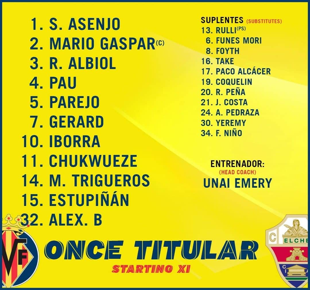 ビジャレアルCFのインスタグラム：「¡Y estos son los once groguets que saltarán de inicio al césped del Estadio de la Cerámica para medirse al @elchecfoficial en el derbi autonómico 💪! . These are the 11 Yellows who take to the Estadio de la Cerámica pitch for face @elchecfoficial in a local derby 💪! . #Villarreal #futbol #football #soccer #laliga」