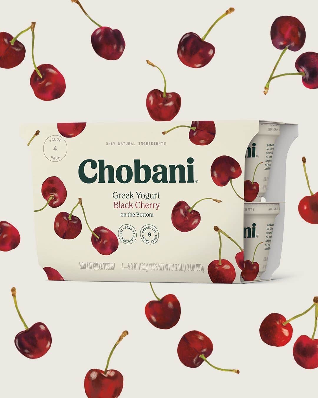 Chobaniのインスタグラム：「Impossibly juicy black cherries blanketed in creamy Chobani Greek Yogurt. Pick up a 4-pack of Black Cherry Fruit on the Bottom Greek Yogurt today and avoid another *pit* stop to the dairy aisle later 🍒」