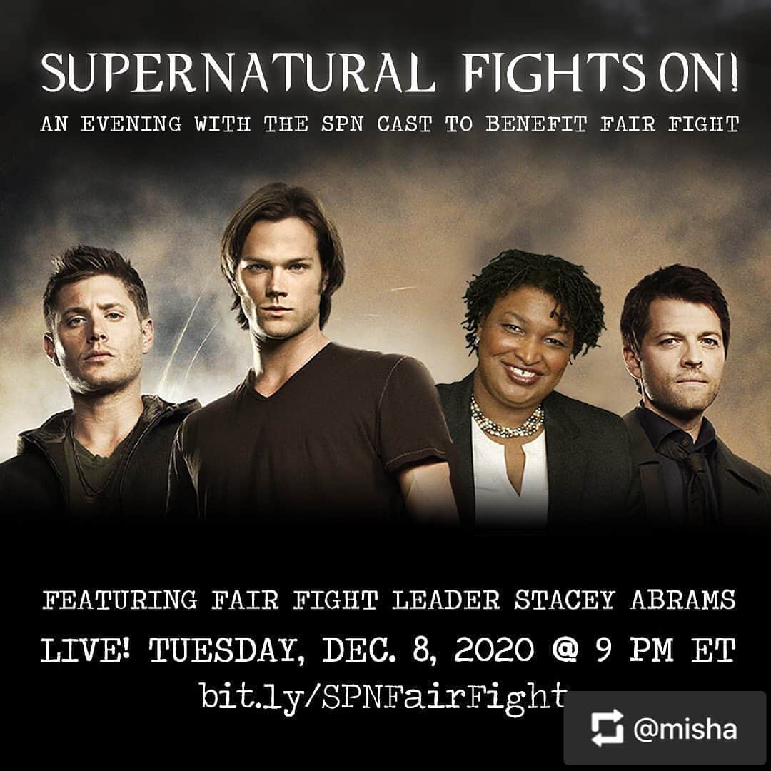 ジュリー・マクニヴンのインスタグラム：「Join me, @jensenackles , @jaredpadalecki , @misha & the #SPN  cast LIVE as we reminisce & discuss fighting real-world demons with the one & only @staceyabrams! You can even win set props, guitar lessons from God, & more! Dec. 8 @ 9 PM ET. We’ll hit capacity, so sign up now! bit.ly/SPNFairFight」
