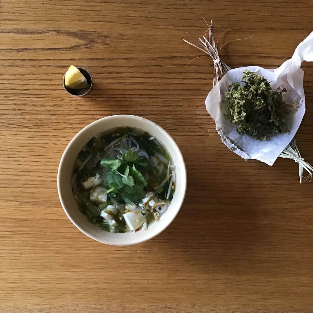 Pho 321 Noodle barのインスタグラム：「海岸線が絨毯を敷き詰めたように　美しいmoss色に染り　春の到来を告げる徳之島の島アオサ。 今年の2月から4月に収穫されたものと絹豆腐　青菜を、トマト　黒酢を効かせたとろみのあるスープに合わせ　new 3rd noodle ‘サンラーアーサーのフォー’が完成しました。  今年は春先が外出自粛期間にあたり　新もののアオサをいただくことがなかなかむずかしかったのですが　ラストの12月に　岐阜ファームレガーロから届く冬の青菜と合わせ　からだ温まる碗を仕立てることが出来、私たちも嬉しいです。 青菜は日替わりです🥬  碗に添える柑橘は　淡路島のマイヤー檸檬、スープは　チキンと魚介のハーフ&ハーフ(魚介のみを希望される方は　ご対応出来ます) 辣油やepices45のアリッサをひと匙落として　より辛く召し上がっていただいても美味しいです🌶  本日から年内ラスト営業日12/26(土)まで1日数量限定でご用意致します。ぜひお試し下さいませ。  今週も平日は11:30am opening 5:30pm last call 6pm closing中休みなしで開店、同時間でchompy,Uber eats、ふたつのdelivery serviceも稼働致します。 店頭でpick up可能なto go boxのご予約はこちらから☎︎03-6432-9586 御来店のお時間に合わせ出来立てをご用意致します。  お仕事でお忙しい方も　遅めのランチタイムに　早めのディナータイムに　soup補給なさって下さい。  today’s recommend:new 3rd noodle’sea lettuce,tofu and green veggie pho’  today’s opening bgm📻’words’/gregory alan isacov（2009)  #sealettuce」