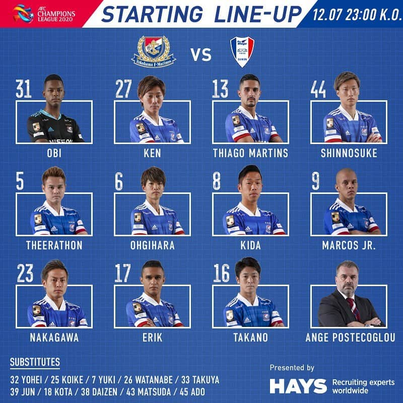 横浜F・マリノスさんのインスタグラム写真 - (横浜F・マリノスInstagram)「Yokohama F.Marinos Team News vs Suwon Samsung Bluewings! 本日のACL 2020 ラウンド16 水原三星戦のメンバーが発表されました！  #fmarinos #ACL2020 #スタメン #startingXI #アジアを勝ち獲ろう #HAYS #KeepSailTogether」12月7日 21時55分 - yokohamaf.marinos