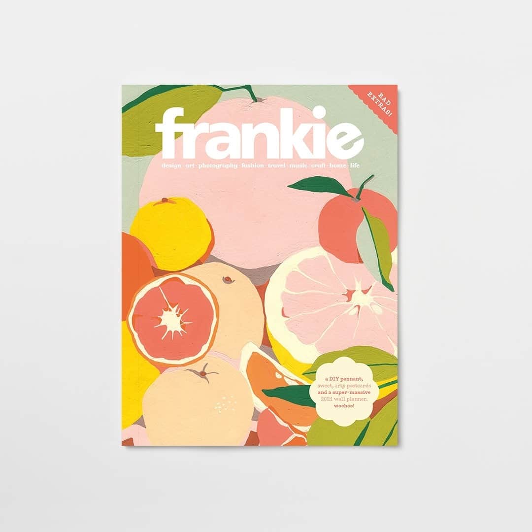 のインスタグラム：「oh look, a whopping big bumper issue of frankie has landed! ⁠ ⁠ inside issue 99 you'll find arty postcards by @fotinitikkouillustration, a diy pennant kit featuring fun art by @lukejohnmatthewarnold, and of course, our humongous annual wall planner (hooray! smell you later, 2020!) – plus, there’s all the usual eye-catching visuals and chuckle-inducing real-life reads.   lovely, fruity cover art by @camille.shu ⁠ ⁠ nab a copy from our online store (link in bio) or swing by your local stockist. enjoy, friends!」
