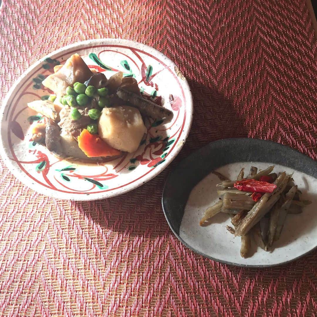 のインスタグラム：「本日のお昼ごはん 筑前煮 牛蒡のきんぴら中華風 米茄子、海老、椎茸、九条葱の和風グラタン 富山から届いた笹の葉鮨 美味しかったです🥰🙏  #おうちごはん」