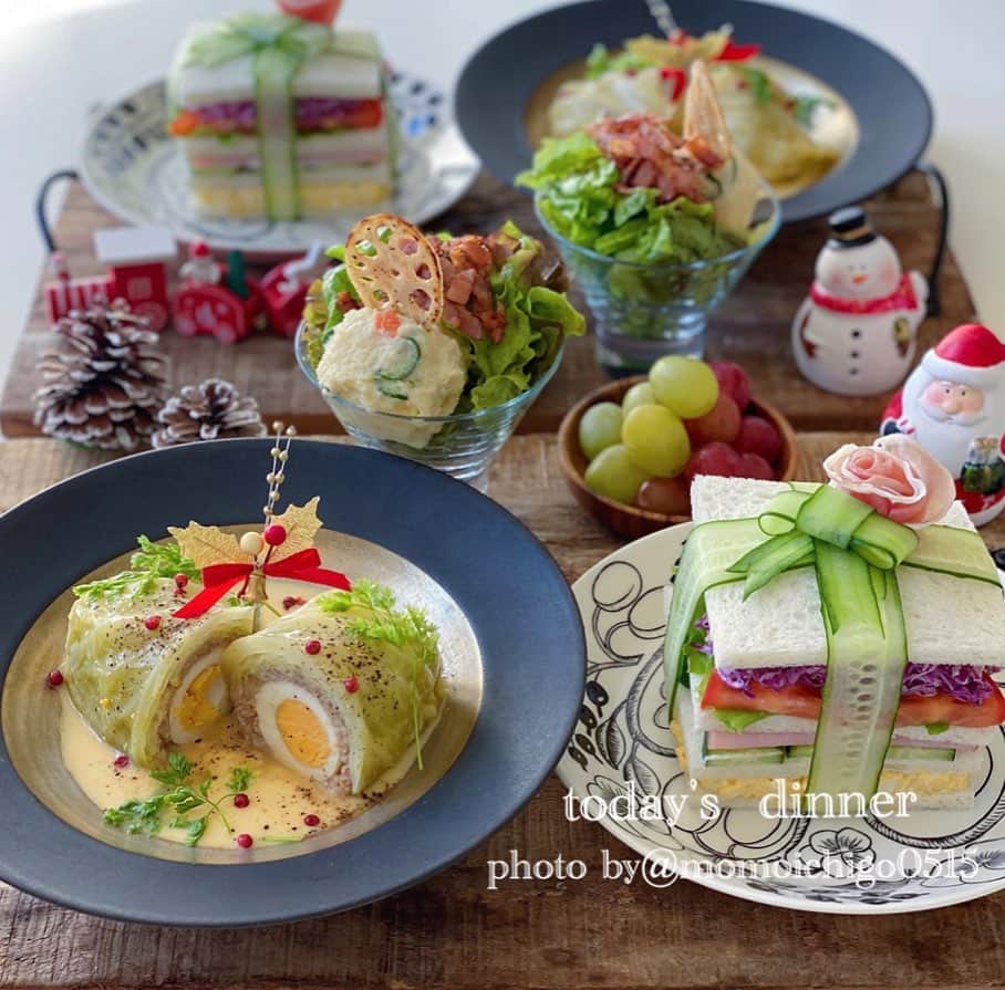 のインスタグラム：「. 今日の晩ごはんは  いつも素敵な食卓の@maimaimai_kumako さんが美味しそうなロールキャベツを作られてたので 私も作ってみました🥰💝 . たまには いつもと違うロールキャベツもいいな🥰 . . 🌟爽やかな卵レモンソースの卵入りロールキャベツ. 🌟サンドイッチ 🌟サラダ 🌟フルーツ . . #晩ご飯#晩ごはん#夜ごはん#夕食#おうちごはん#おうちごはんlover#おうちご飯記録#うちごはん#食卓#手料理#手作りご飯#料理写真#器好き#器#器集め#献立#家庭料理#food#foodpic #foodstagram #foodphotography #foodgram #followme #instapic #instagood」