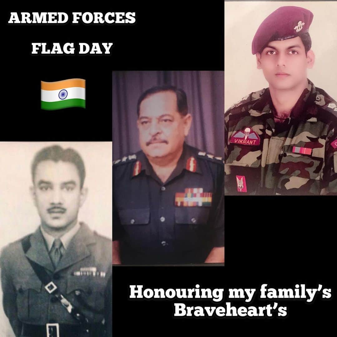 セリーナ・ジェイトリーのインスタグラム：「Today on #ArmedForcesFlagDay2020 I honour my family’s brave hearts & all the brave hearts of our great nation (L to R ):Grandfather: Col E Francis (12 #Rajrif ) Father ( Col VK Jaitly #kumaonregiment ) Brother Maj VK Jaitly #paraSF ) @indianarmy.adgpi @lestweforgetindia  #FlagDay #celinajaitly #indianarmy #infantry #celinajaitley #supremesacrifice #bravehearts #bollywood #proud #flagday #armedforces #armedforcesflagday🇮🇳」