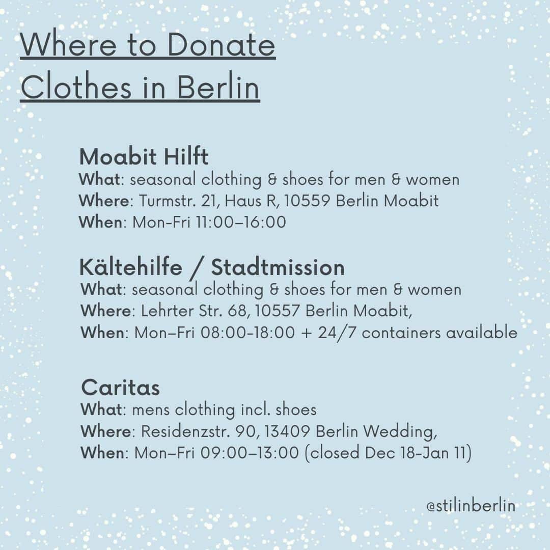 STIL IN BERLINのインスタグラム：「Unfortunately, my clothing donation drive "Warm Up" will take a break this year due to ... you know why. I don't feel comfortable creating any type of "event", even if it's outside. However, you can still donate your unworn winter warmers! Here's a list of local places looking for donations. Some of them will distribute them for free, while others will sell them in their shops for a little money. As always, only donate clean & intact clothing, only bring what the organisations ask for (most times it's seasonal items since few of them have storage space & men's clothing is always in higher demand than women's), and don't dump your donations in front of closed doors.」