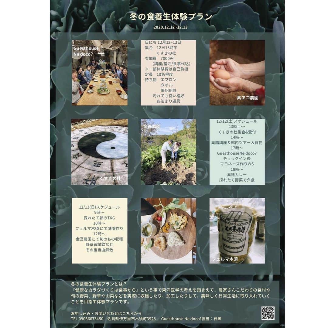 さが農村のインスタグラム：「. おはようございます！  今日は佐賀県伊万里にある農家民宿型ゲストハウス Ne doco?さんから、冬を元気に乗り切るすてきなお知らせです。    ☆ ☆ ☆ ☆ ☆ ☆ ☆ ☆  地域の拠点を回遊しながら食養生を体験する、 「徐福のくすきのウェルネスツアー」（2020.12.12～12.13）好評につき第三弾を開催します！  農家のこだわりの食材や旬の野菜、野草や山菜などを収穫、調理して美味しく日常生活に取り入れていくことを目指す体験プランです。   ●主催： 徐福のくすきグループ 金吾農園 フェルマ木須 Guesthouse Ne doco? 素ヱコ農園 いいもりの里 くすきの杜  ●日時：2020年 12月12～13日 ●集合：12日／13時30分くすきの杜 ●住所：佐賀県伊万里市立花町3520-6 （伊万里ﾛｲﾔﾙﾁｪｽﾀｰ時計台向かい）  ●参加費：7,000円(講座/宿泊/食事代込) (『伊万里まるごと観光クーポン』ご利用で4,500円になります。) ※一部体験費は自己負担  ●定員：8名程度 （先着順）  ●持ち物： エプロン タオル 筆記用具 汚れても良い格好 お泊まり道具  ●スケジュール 12/12(土) 13時半〜 くすきの杜集合&受付 14時〜 薬膳講座&館内ツアー&買物 17時〜 Guesthouse Ne doco? チェックイン後 マヨネーズ作りWS 19時〜 薬膳カレー 採れたて野菜で夕食  12/13(日） 9時〜 採れたて卵のTKG 10時〜 フェルマ木須 にて味噌作り 12時〜 金吾農園にて旬のもの収穫 野草茶の試飲など　その後自由解散    ●コロナウイルス対策ご協力お願い ①体調不良の方はご参加を見合わせてください ②事前検温 非接触型検温にご協力ください ③手指の消毒にご協力ください ④マスクを着用してご参加ください ⑤スポット間は自家用車にて密を避け、換気しながらのご移動をお願いいたします。   『伊万里プレミアム観光クーポン』は、ご宿泊の方のみご利用いただけます。（残り6名様分） また、加盟店でのお買い物、お食事、体験にも使えますので、是非、まるごと伊万里を楽しみにお越し下さい。    ＜お申し込み・お問い合わせ＞ Guesthouse Ne doco? 住所：佐賀県伊万里市木須町3928 TEL：090-3667-3450 担当:石黒  ☆ ☆ ☆ ☆ ☆ ☆ ☆ ☆  ■さが農村ひろばTOPページ https://saga-nouson.jp/  #さが農村#さが産#佐賀#saga#伊万里#GuesthouseNedoco#伊万里まるごと観光クーポン#農家民宿型ゲストハウス#ウェルネスツアー」