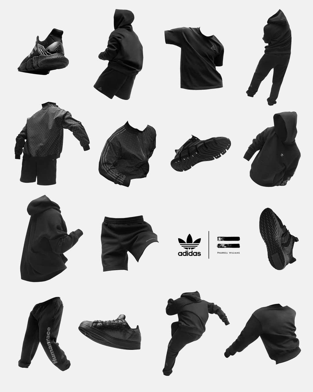 adidas Originalsのインスタグラム：「“The vision is to further distill the form of functional objects down to their essence.” – @pharrell   The Pharrell Williams Triple Black Collection is a monochromatic reimagining of adidas staples. Launching globally December 12 on adidas.com/Pharrell」