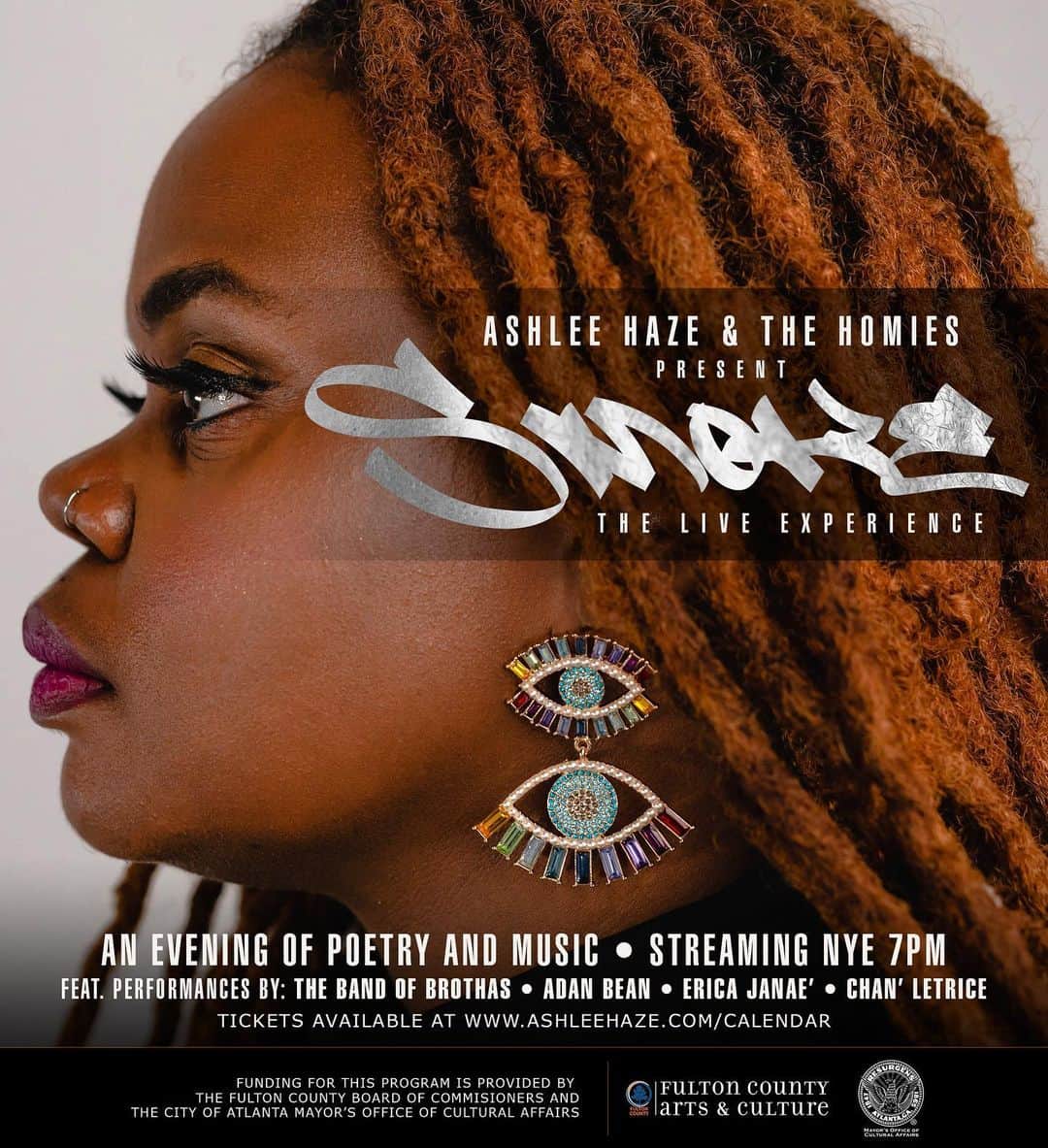 のインスタグラム：「When Ashlee Haze & the Homies get together it’s bound to be a good time. I’m so proud to present “SMOKE: The Virtual Experience” an evening of poetry and music featuring performances by @bandofbrothas @letrice_ @erikajanaeg @adanbean . Word to @auto.antonym for helping me adapt the poems from my book “SMOKE” for the stage. Word to @mrlouisstudios for helping me figure out how to put on a good show in a pandemic. Thanks to @atlantaoca and @fultonarts this presentation is absolutely FREE (although a donation is suggested). Grab the homies and start your NYE with us! Tickets available at www.ashleehaze.com/calendar #ashleehaze #smokebyashleehaze #poetry #nye2020 #music #atlantaconcerts」