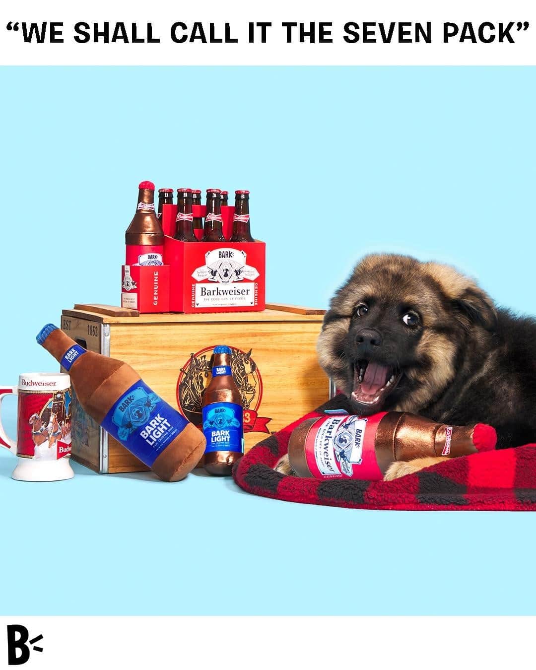 BarkBoxのインスタグラム：「I, A CREDIBLE SOURCE OF MARKETING PROWESS, HAVE BEEN DEEMED WORTHY OF FÄTHER BUDWEISER AND BRÖTHER CRISPY BOY’S PRESENCE. ⁠ ⁠ TODAY IS THE START OF A NEW ERA. THE ERA WHERE GOOD BOYS AND CRISPY BOYS COME TOGETHER. WHERE GLASS BOTTLES CLINK AND SQUEAKERS SQUEAK. I WOULD LIKE TO THANK FATHER BUDWEISER AND BROTHER CRISPY BOY FOR BIRTHING THIS INTO THE WORLD WITH US. CHEERS AND YOU’RE WELCOME⁠ ⁠ ⁠if you’re 21+ (in HUMAN YEARS 😉) check that link in bioooo!」