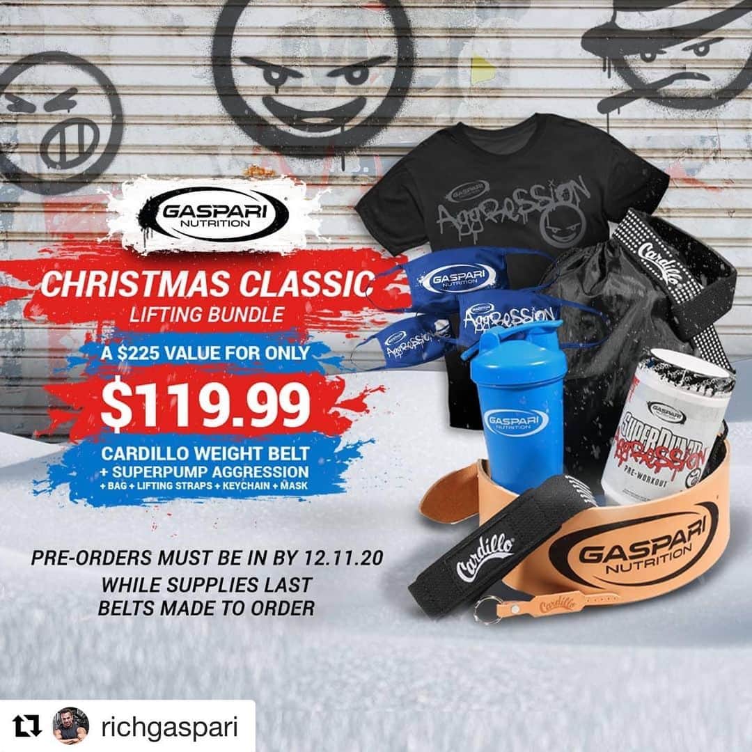 Hidetada Yamagishiさんのインスタグラム写真 - (Hidetada YamagishiInstagram)「#Repost @richgaspari with @get_repost ・・・ #TeamGaspari and @cardilloweightbelts have teamed up to bring you this limited CHRISTMAS CLASSIC LIFTING BUNDLE.  This sale is PRE-ORDER only & all orders must be in by December 11th to ensure delivery for Christmas 🎅🏼 Your Christmas Classic Lifting Bundle includes: 🔹Cardillo tan weight belt 🔹Cardillo wrist wraps 🔹Blue Gaspari shaker 🔹SuperPump Aggression 🔹Aggression t-shirt 🔹Gaspari Drawstring bag 🔹Gaspari mask *Shipping $15 Visit GaspariNutrition.com and place your order today​ ​ You get a $225 value for just $119.99!  Head to GaspariNutrition.com and place your order by December 11th 💪 ​ #Gaspari #Proven #GaspariNutrition #TeamGaspari #Bodybuilding #Fitness #Workout #Exercice #Healthy #RichGaspari ​」12月8日 2時51分 - hideyamagishi