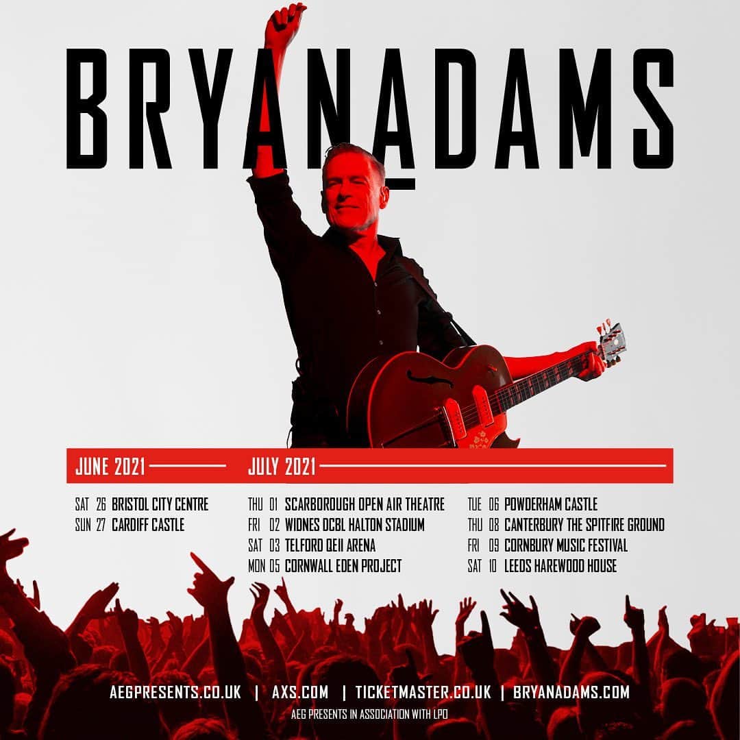 ブライアン・アダムスのインスタグラム：「Concerts in the U.K. next summer? Let’s hope so! Tickets go on sale this Friday at 9am in the link in the bio. #bryanadamstour2021」