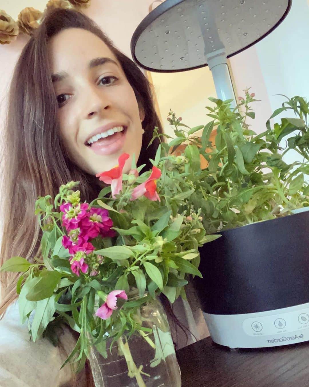 アリー・レイズマンのインスタグラム：「My happy place 🤍   I can get lost in arranging flowers. I sit on the floor & I’m in my own world! I like arranging flowers because there is no right or wrong way to do it, whatever feels right & whatever smells I enjoy, I can incorporate ☺. I look forward to watching the flowers slowly bloom & watching the bouquet transform in just a few days. No two days are the same in nature & it’s a reminder for me to never take it for granted. I love all of the different colors you can find in nature. All of these flowers were grown from seed & all came from the @officialAeroGarden that is also shown in the picture. The flowers that I cut from the garden will grow back. Herbs, lettuce, vegetables, flowers grow back so long as you don’t cut too much of the plant. I like using these indoor AeroGardens because the plants grow 5X as fast as an outdoor garden!! It is fun to watch & magical 😉 It is really awesome when I’m growing lettuce or herbs because the food grows back so fast after I pick something & I will also be able to make another flower arrangement soon 🙂  If you would like more info on AeroGarden & a few cool things I enjoy about it: Some models’ lighting are customizable, so you can set it to whatever brightness level you want. If your garden’s in the room with a TV, or you’re trying to darken the room for something else,  just turn down the lights. They’ll go back to their normal schedule and brightness on their own a couple hours later. Gardens with infinite dimming also include a sunrise/sunset schedule that you can adjust. Just set up the time you want the garden’s lights to be on or off, and the garden will slowly increase or decrease brightness, mimicking the sun. This can help make it easier to grow great plants without disturbing your home routine 🤍 I hope it brings you as much joy & calm as it brings me 🥰 #indoorgarden #garden」