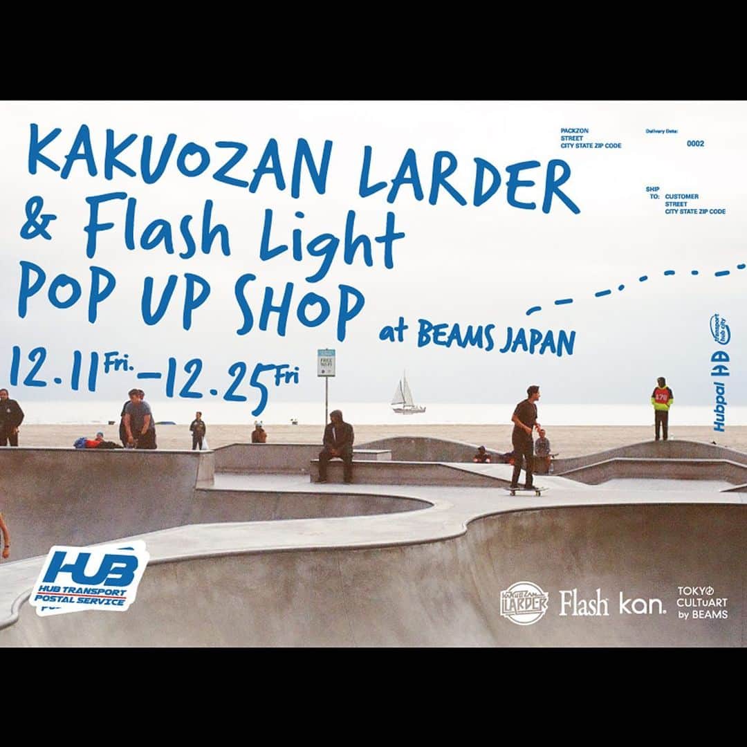 BEAMS JAPANさんのインスタグラム写真 - (BEAMS JAPANInstagram)「ブランド＜HUB＞による『KAKUOZAN LARDER & FLASH LIGHT POP UP SHOP』を開催    この度新宿「ビームス ジャパン」4階＜トーキョー カルチャート by ビームス＞では＜HUB（ハブ）＞のイベント『KAKUOZAN LARDER & FLASH LIGHT POP UP SHOP』を開催致します。   ＜KAKUOZAN LARDER（カクオウザン ラーダー）＞の店主・丹羽洋己と、＜FLASH LIGHT（フラッシュライト）＞のディレクター・五十嵐光一によるブランド＜HUB＞が昨年とは全く違った切り口で魅せるニューノーマルな新たなトウキョウのカルチャーを是非お楽しみください。   作家プロフィール： KAKUOZAN LARDER（カクオウザン ラーダー） 名古屋覚王山にあるハンバーガーショップ。若い頃に訪れたNYの飲食店で音楽ライブが行われていた光景に衝撃を受け「人が行き交う場所」を作りたいとオープン。ただのハンバーガー屋ではなく、新しいコミュニティースペースとして数多くのアーティストの展示や、アート部門「KIOSK」/オルターエゴ無店舗居酒屋「らだ八」/台湾料理&雑貨「タイワンシャオツーハウスハオツーハオツーハオツー」の運営、アートグッズの製造・販売を行っている。   FLASHLIGHY（フラッシュライト） ファッションディレクター五十嵐光一の提案する新たなコラボレートステーション。「ファッション・カルチャーに光を当てる」をコンセプトに母体であるTシャツのボディーを厳選しcanvas化。有名無名を問わずフィーリングのあったアーティストとのコラボレーションツールの一つとして展開。場所を選ばず、時にはゲリラ的に、時には計画的に販売するGOODSの数々は出会えればLuckyなItemとして一部のファンからは熱烈に支持されている。   Kan®（カン） それぞれの感覚、感性をクロスオーバーさせトレンドに左右されない【ワードローブを支える服】を第一に考えたモノを追及提案。デイリーに着用可能な素材、着心地を考慮したシルエットに拘り日常のスタンダードを表現。スタンダードを軸にしながらもそれぞれのルーツでもあるストリート、古着、音楽、酒を感じさせる自由でユニークなプロダクトも提案。   会期：2020年12月11日（金）~25日（金） 会場：ビームス ジャパン 4階 住所：〒160-0022 東京都新宿区新宿3-32-6 4F 電話番号 : 03-5368-7328  BEAMS JAPAN 4F ☎︎03-5368-7328 @beams_japan @tokyo_cultuart #beams  #beamsjapan #beamsjapan4th #tokyocultuartbybeams #kakuozanlarder  #flashlight  #kan  #hub」12月8日 12時07分 - beams_japan