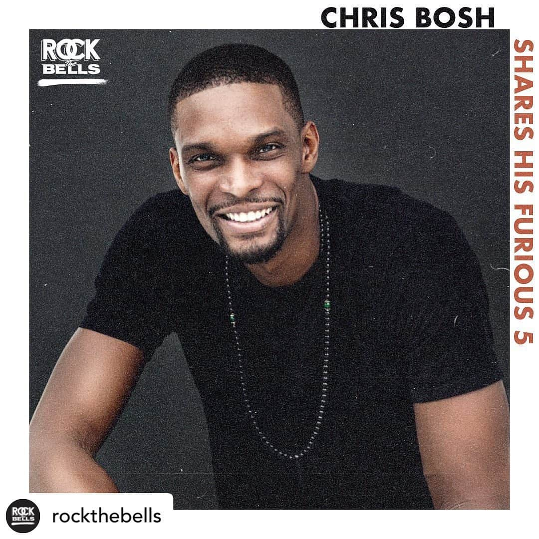 クリス・ボッシュのインスタグラム：「Come hang tomorrow morning at 9AM ET 🔥🙏🏿 cc: @daddyjackrecords 💿 @llcoolj @claudinejoseph   REPOST• @rockthebells @chrisbosh pulled up and shared his Furious 5🔥. Catch him on #RockTheBells Radio Tuesday at 9AM ET on SXM CHANNEL 43」